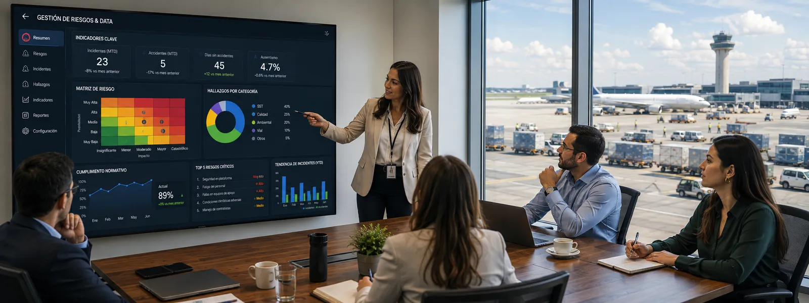 Panel de control con indicadores de riesgo operacional